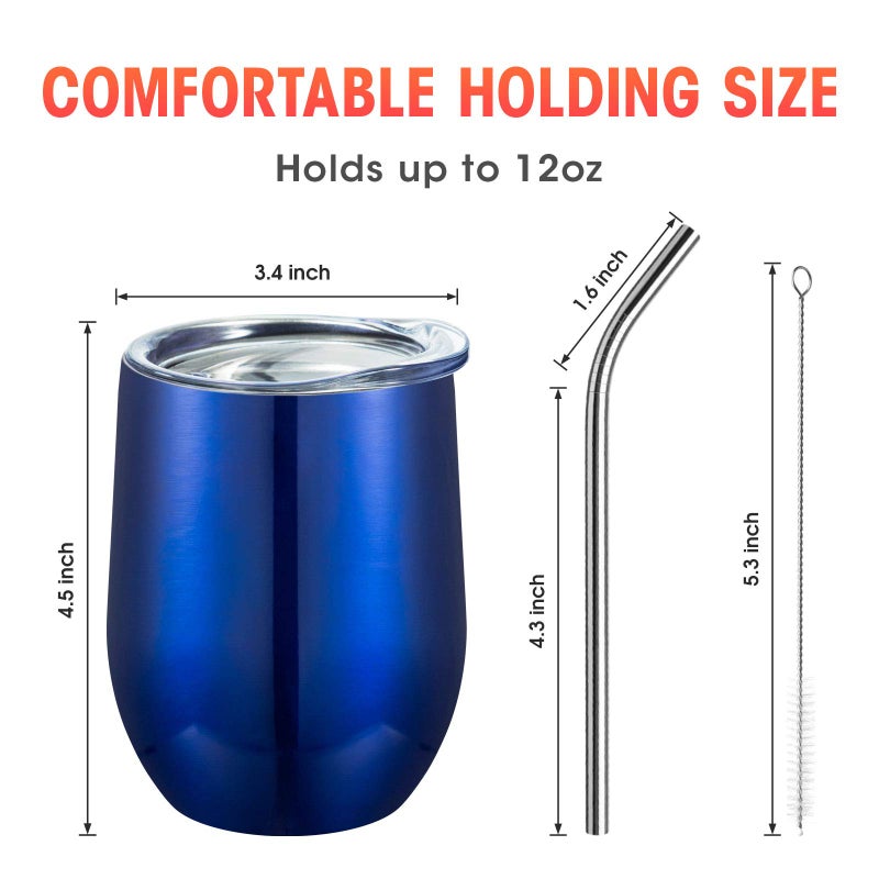 COMOOO Stainless Steel Wine Tumbler with Lid and Straw, 12oz Double Wall Vacuum Insulated Wine Tumbler Cup, Stemless Wine Tumbler for Hot and Cold Drinks, Coffee, Wine, Cocktails, Royal blue, 12 Pack - Image 3